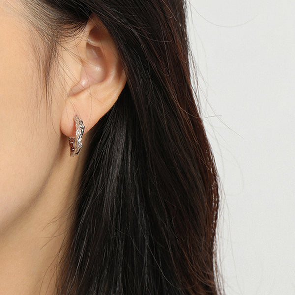 RHE1086 925 Sterling Silver Hammered Simple Women Hoop