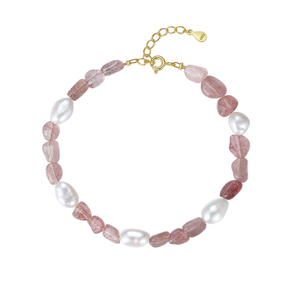 PB0002 925 Sterling Silver Freshwater Pearl & Strawberry Crystal Bracelet