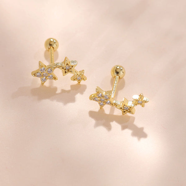 YHE0481 925 Sterling Silver Triple star trio Cubic Zirconia Stud Earring