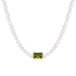 FX0809 925 Sterling Silver Green Gemstone Pearl Necklace
