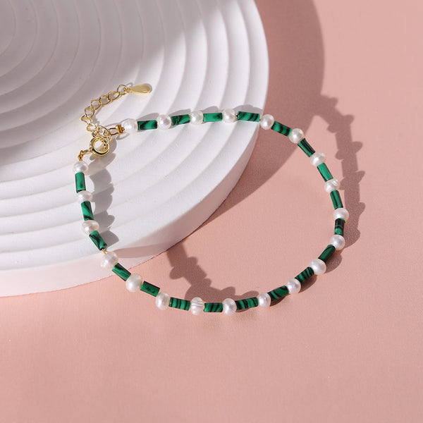 PB0013 925 Sterling Silver Malachite And Freshwater Pearl Bracelet