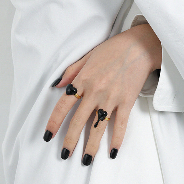 RHJ1080 925 Sterling Sterling Black Enamel Heart Adjustable Ring