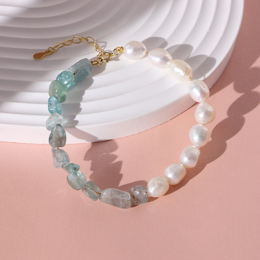 PB0015 925 Sterling Silver Blue Apatite Stone And Freshwater Pearl Bracelet