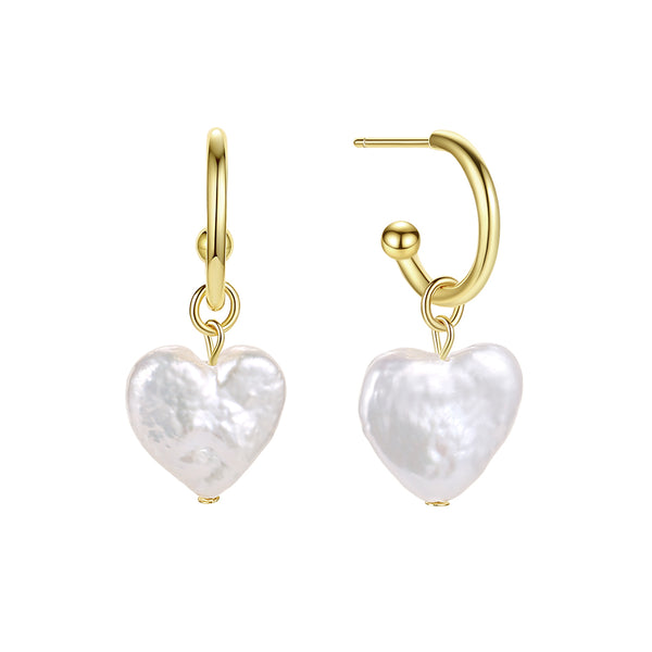 FE1813 925 Sterling Silver Love Heart Freshwater Pearl Hoops