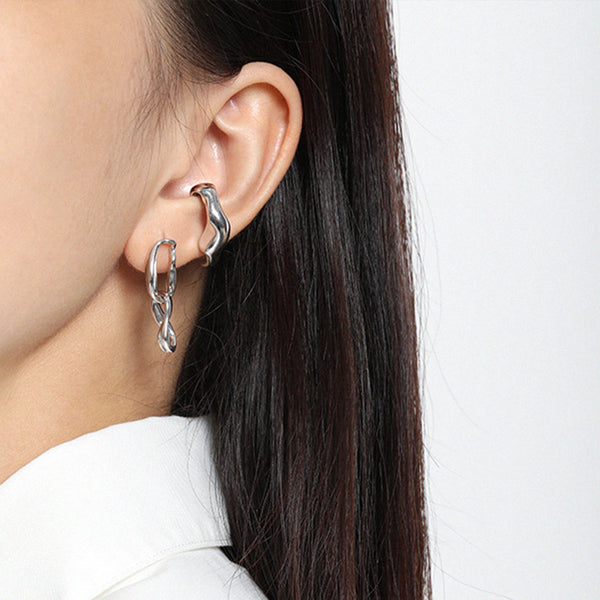 RHE1076 925 Sterling Silver Interlock Irregular Hoop Women Earrings