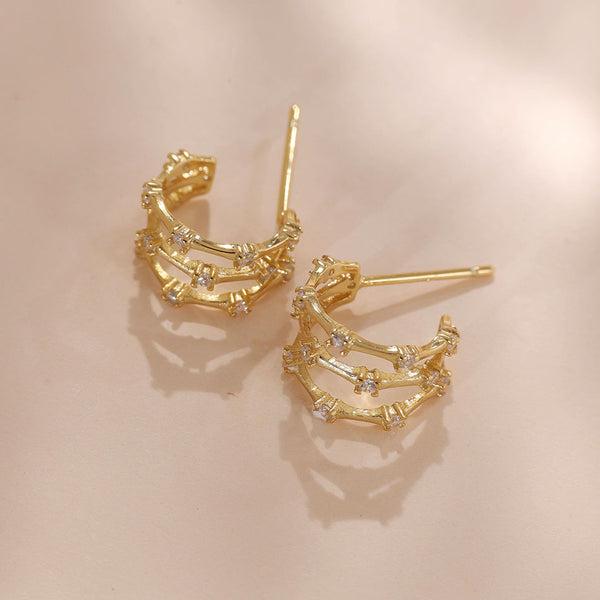 YHE0416 925 Sterling Silver Triple Retro Bamboo CZ Earring