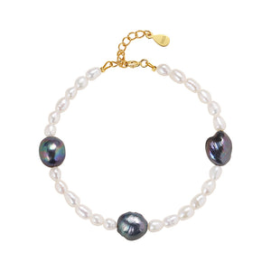 FS0263 925 Sterling Silver White & Black Freshwater Pearl Bracelet