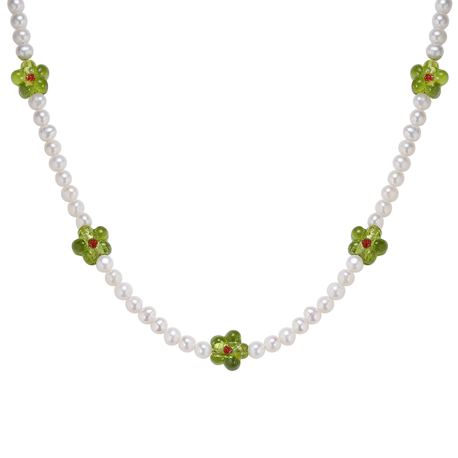 FX0740 925 Sterling Silver Green Flower Pearl Necklace