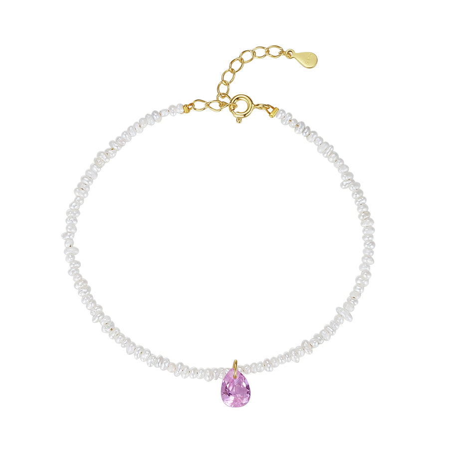PB0048 925 Sterling Silver Heart Pink Cubic Zirconia Freshwater Pearl Bracelet