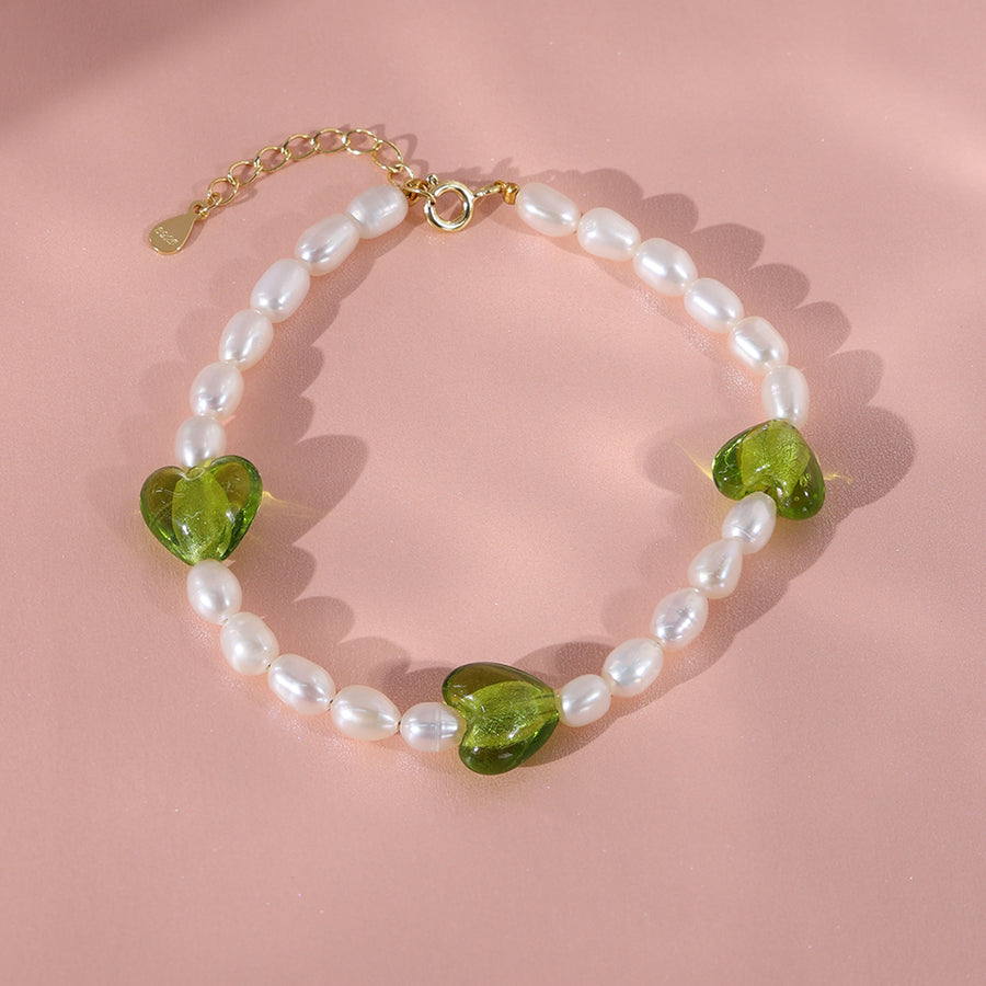 PB0046 925 Sterling Silver Green Crystal Heart Bead Freshwater Pearl Bracelet