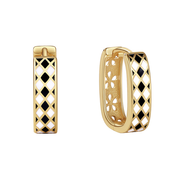 YHE0486 925 Sterling Silver Black & White Enamel Hoop Earring