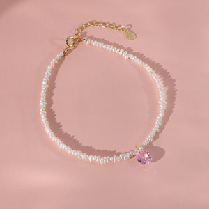 PB0048 925 Sterling Silver Heart Pink Cubic Zirconia Freshwater Pearl Bracelet