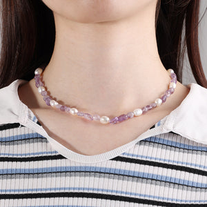 PN0008 925 Sterling Silver Freshwater Pearl Purple Crystal Necklace
