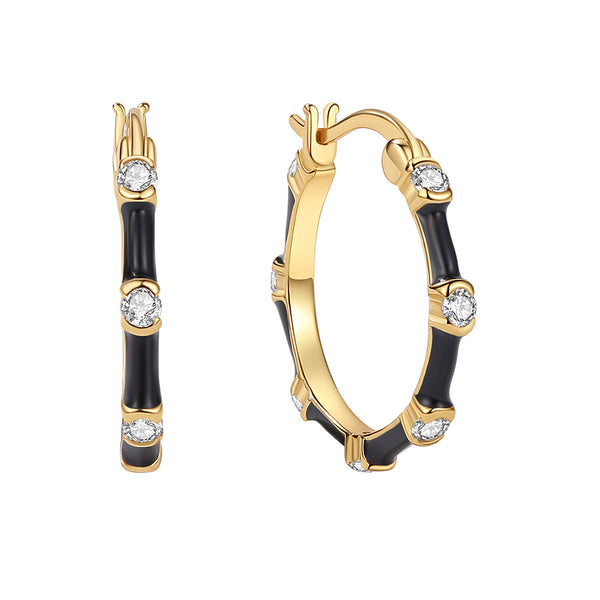 YHE0406 925 Sterling Silver Bamboo Black Enamel Hoop Earring