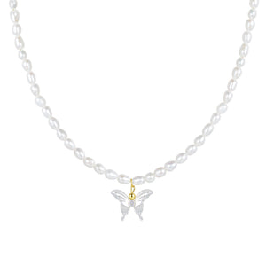 PN0005 925 Sterling Silver Dainty Butterfly Pearl Necklace