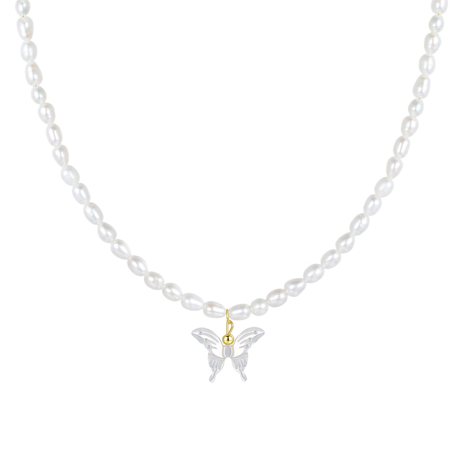 PN0005 925 Sterling Silver Dainty Butterfly Pearl Necklace