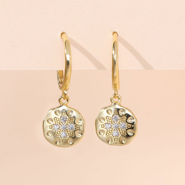 YHE0131 925 Sterling Silver Hammered Coin CZ Dangle Earring