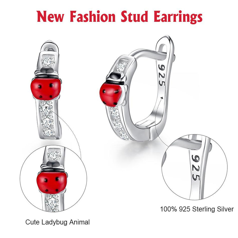 YE3189 925 Sterling Silver Red Ladybug Beatles Earrings
