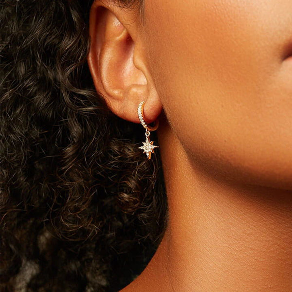 FE0886 925 Sterling Silver Crescent Moon Star Hoop Earrings