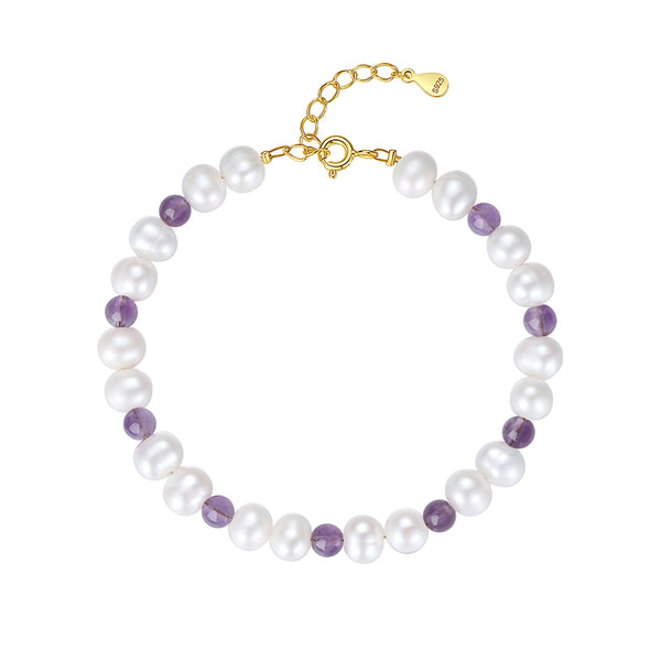 PB0011 925 Sterling Silver Amethyst Freshwater Pearl Women Bracelet