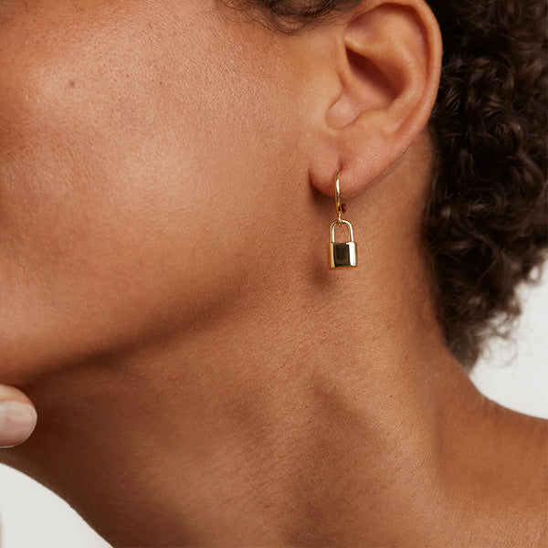 FE1404 925 Sterling Silver Lock Pendant Hoop Earrings