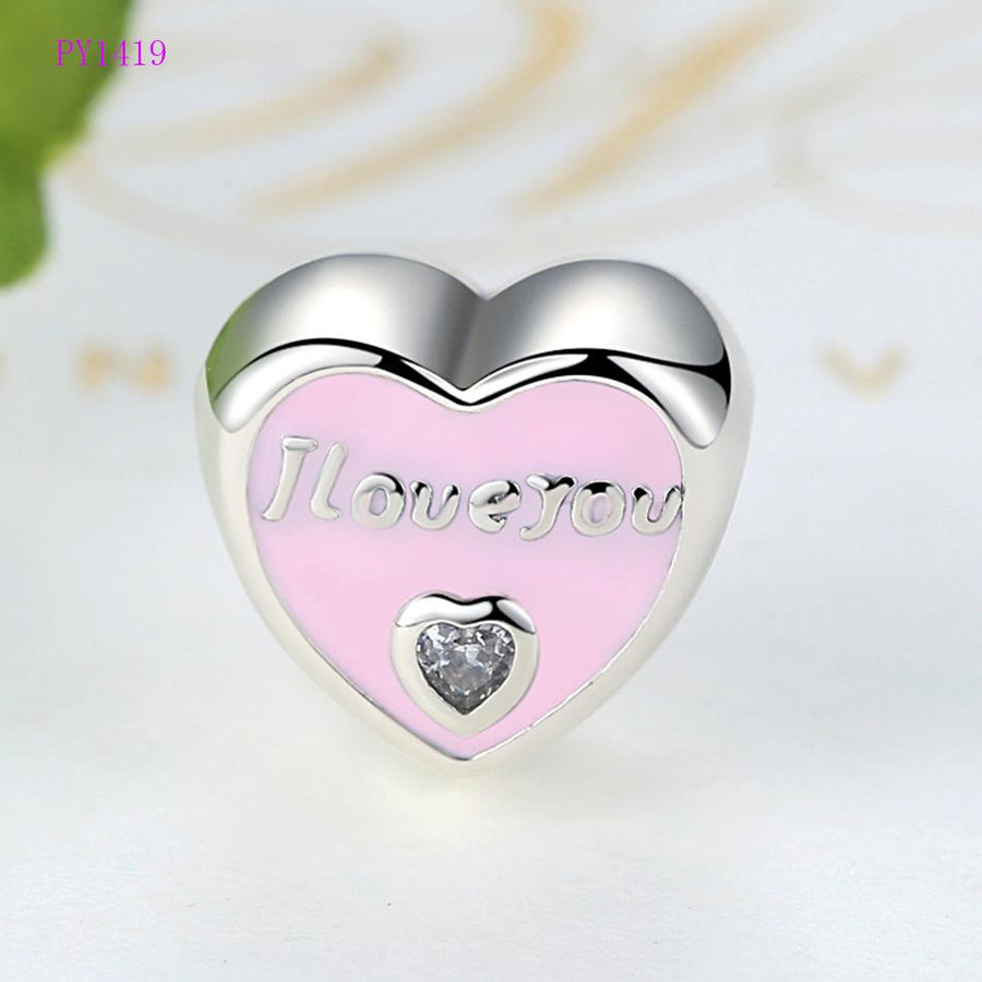 PY1419 925 Sterling Silver "I Love You" Pink Heart Charm