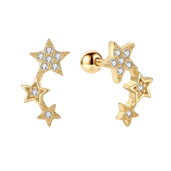 YHE0481 925 Sterling Silver Triple star trio Cubic Zirconia Stud Earring