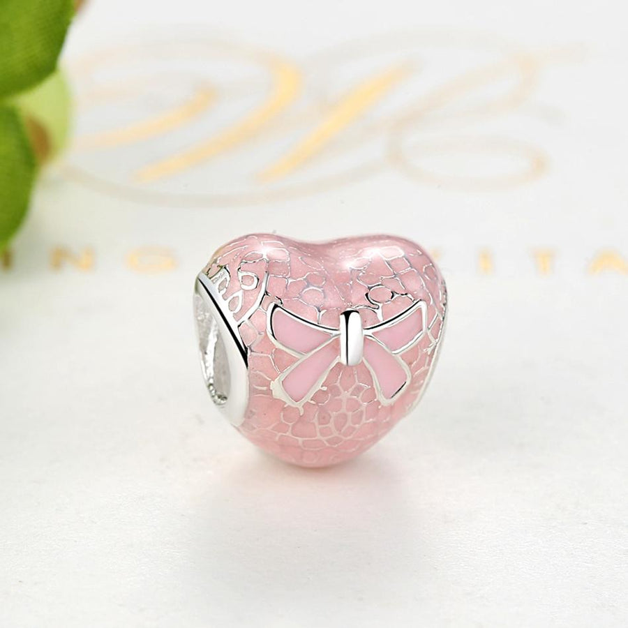 PY1444 925 Sterling Silver Pink Bow&Lace Heart Charm