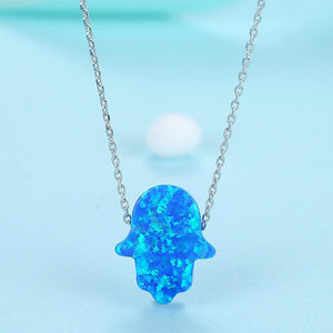 YX1538 925 Sterling Silver Blue Opal Hamsa Hand Necklace