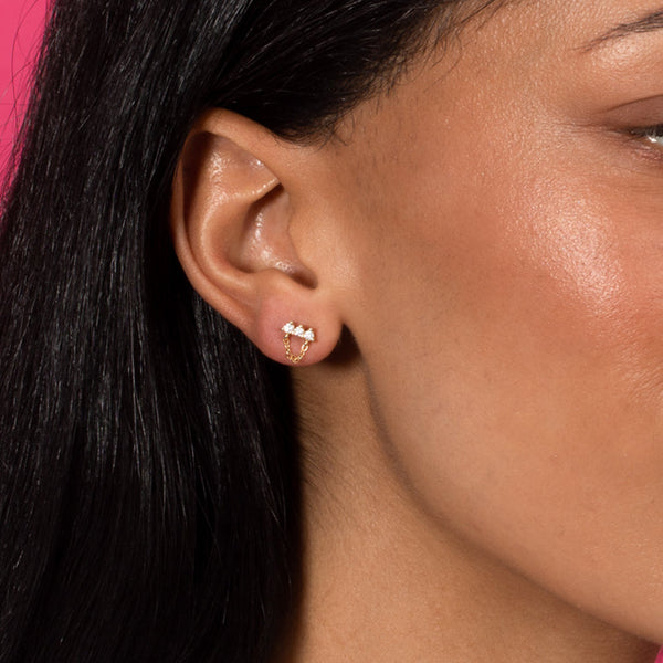 FE1932 925 Sterling Silver Horizontal  CZ Chain Mini Stud Earring