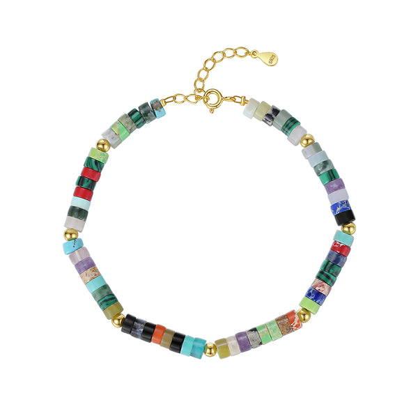 PB0030 925 Sterling Silver Dainty Rainbow Stone Bead Bracelet