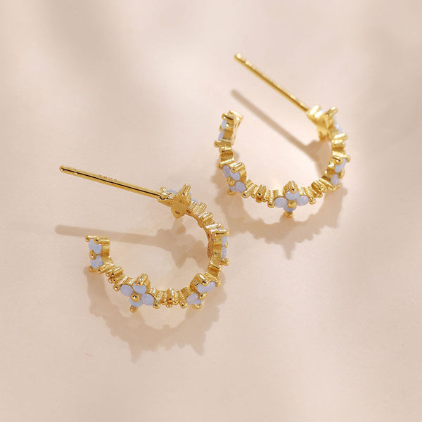 YHE0426 925 Sterling Silver White Gemstone Flower Hoop Earring