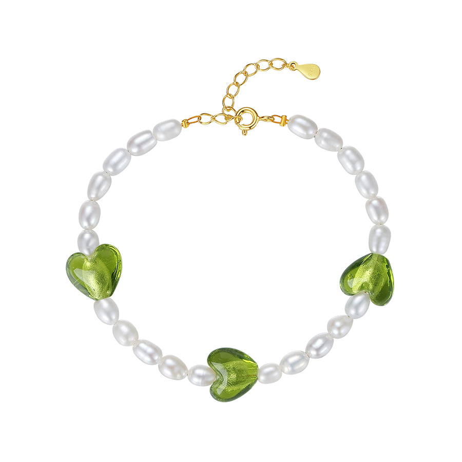 PB0046 925 Sterling Silver Green Crystal Heart Bead Freshwater Pearl Bracelet
