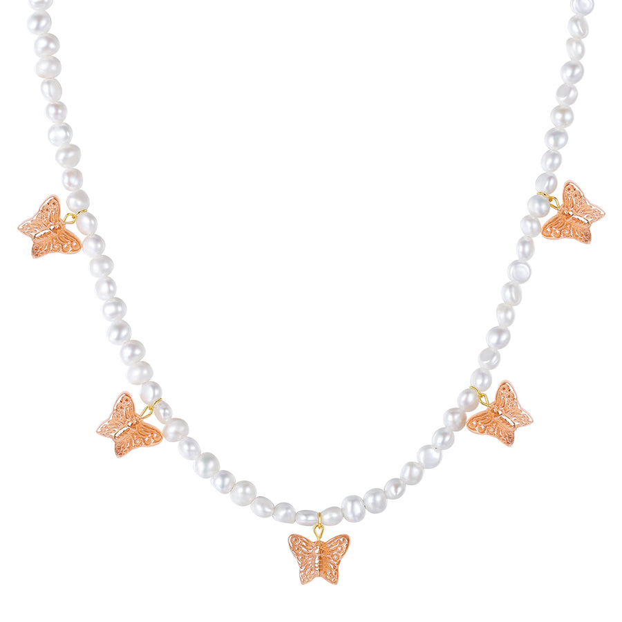 PN0042 925 Sterling Silver Butterflies 4-4.5MM Freshwater Pearl Choker Necklace
