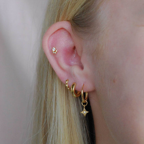 FE0937 925 Sterling Silver Etched Star Hoop Earrings