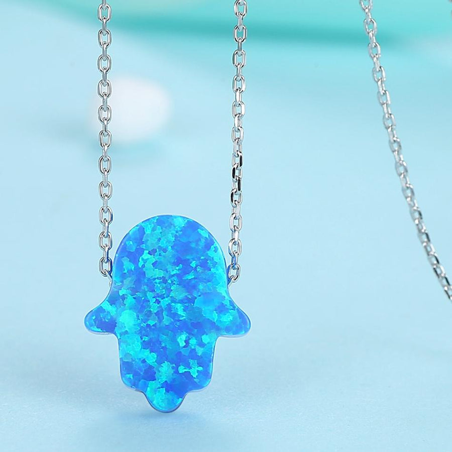 YX1538 925 Sterling Silver Blue Opal Hamsa Hand Necklace