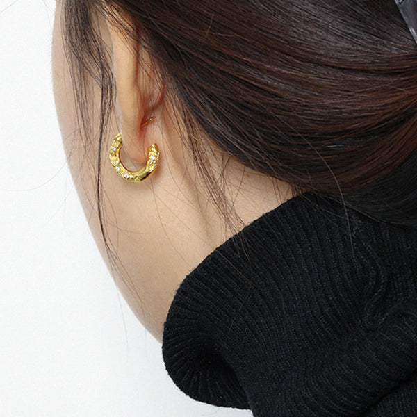 RHE1105 925 Sterling Silver Hammered Hoop Earring With Cubic Zirconia