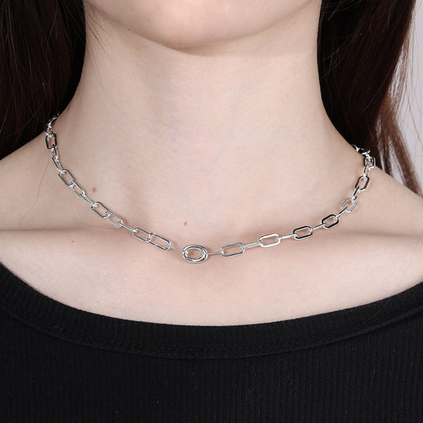 FX0903 925 Sterling Silver Paperclip Link Round Push Clasp Necklace