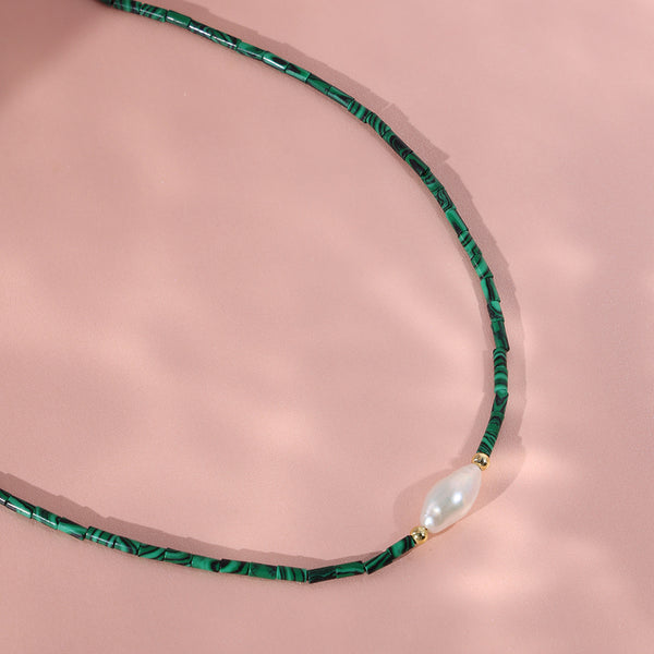 PN0030 925 sterling silver Vintage Malachite & Pearl Women Choker Necklace