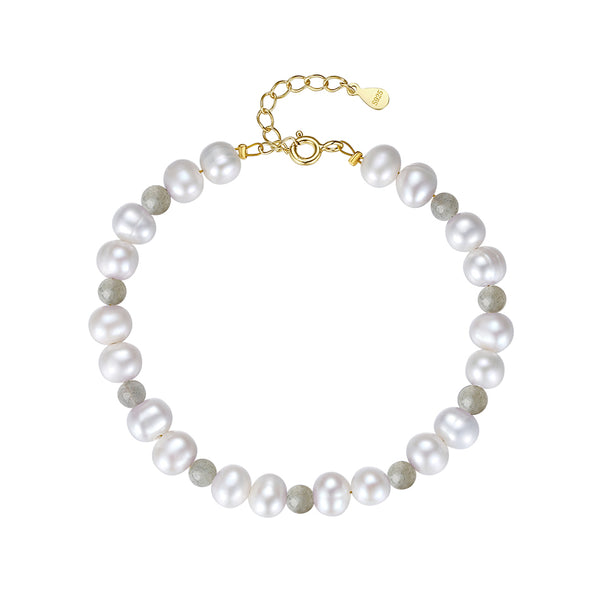 PB0012 925 Sterling Silver Glitter Stone Freshwater Pearl Bracelet