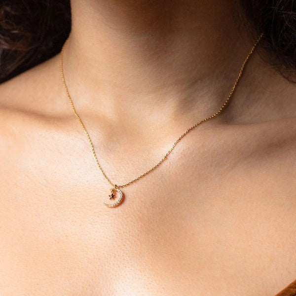 FX0549 925 Sterling Silver Moon & Star Pendant Necklace