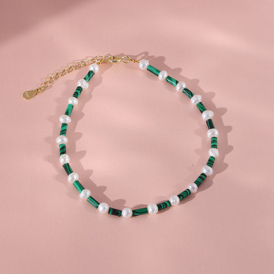 PB0013 925 Sterling Silver Malachite And Freshwater Pearl Bracelet