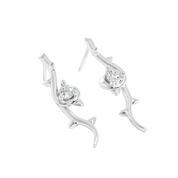 RHE1081 925 Sterling Silver Rose Branch Cubic Zirconia Stud Earrings
