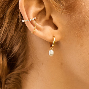 PE0035 925 Sterling Silver Classic Women Freshwater Pearl Dangle Hoop Earrings