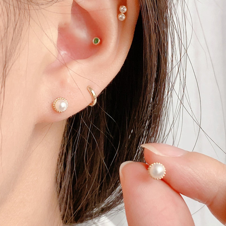 PE0083 925 Sterling Silver Barbell Round Pearl Stud Earring