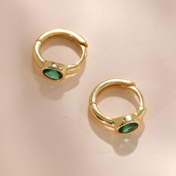 YHE0381 925 Sterling Silver Green Oval Stone Women Hoop Earring