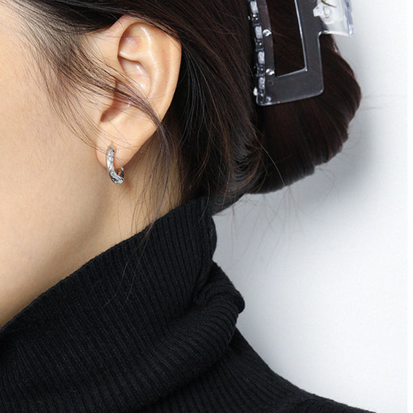 RHE1105 925 Sterling Silver Hammered Hoop Earring With Cubic Zirconia