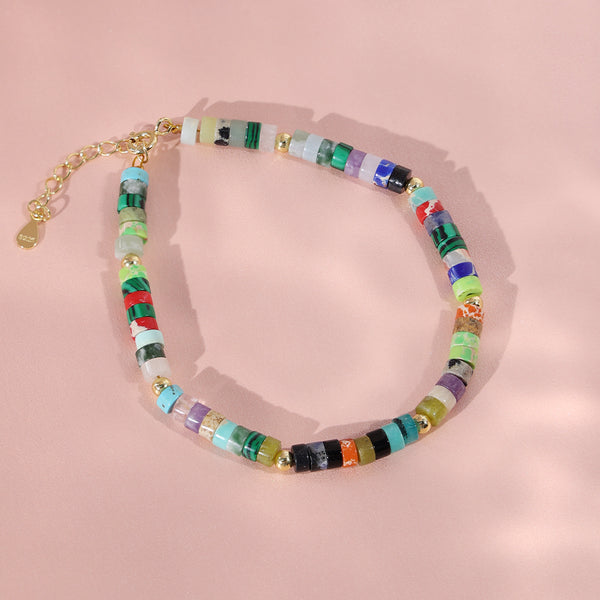 PB0030 925 Sterling Silver Dainty Rainbow Stone Bead Bracelet