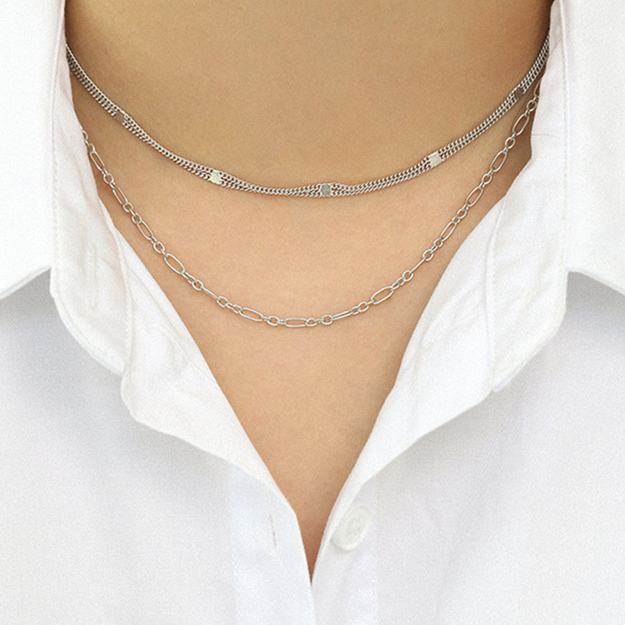 RHX1004 925 Sterling Silver Double Chain Choker Necklace