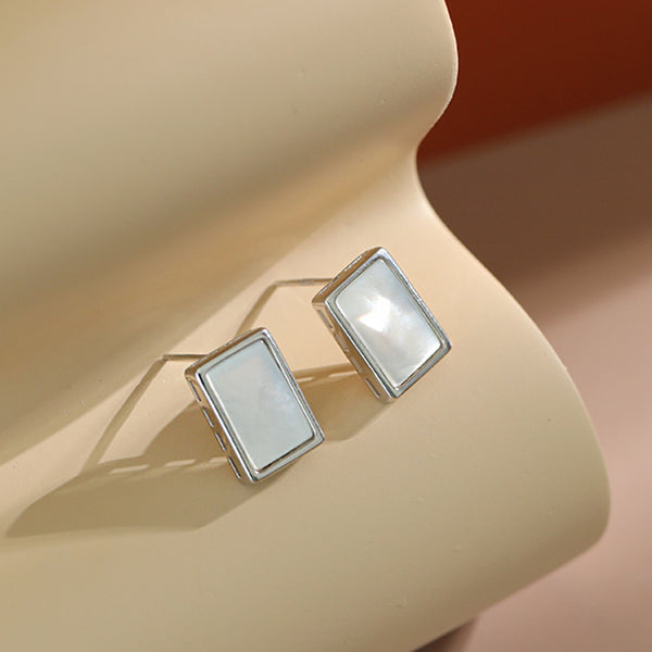 RHE1063 925 Sterling Silver Retro Rectangle Square Shell Women Stud Earring